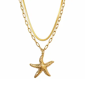 Detailed view of a gold-plated double-layer necklace featuring a textured starfish pendant