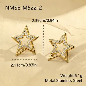 Close-up of gold double-layer star stud earrings with zirconia and size parameters.