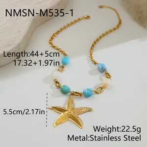 Detailed macro view of ocean style beaded necklace with textured gold starfish pendant