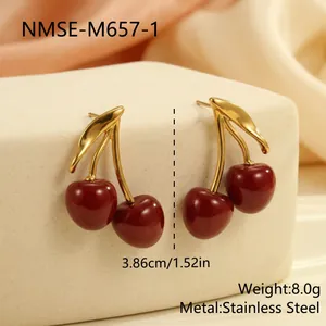Detailed view of red enamel cherry drop earrings with measurements and weight info