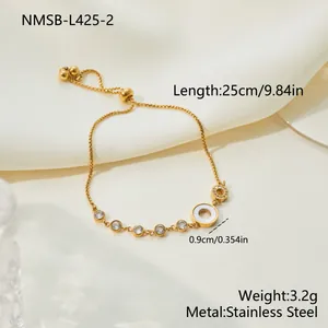 Adjustable gold-plated stainless steel bracelet with white shell and zircon accents