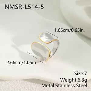 Macro view of textured two-tone stainless steel leaf open ring with dimensions