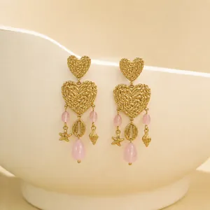 Damen Ozean-Element Herz Ohrhänger Rosa Perle Seestern Muschel Gold Edelstahl Urlaub Lange Ohrringe Schmuck