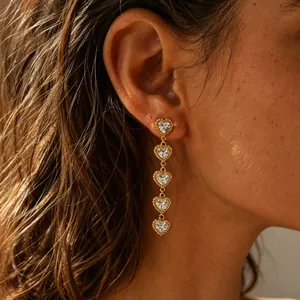 Boucles d'Oreilles Pendantes Longues en Acier Inoxydable Cinq Cœurs Strass Élégant Banquet Bijoux Femmes NMSE-M515