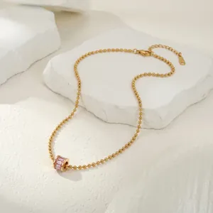 Collar Con Colgante de Acero Inoxidable y Strass Rosa Para Mujer Cadena de Bolitas Chapada en Oro Ajustable Joyería de Moda Regalo