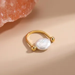 Bague Ouverte Minimaliste en Acier Inoxydable avec Perle Artificielle Baroque pour Femme Bague Perle Irrégulière Dorée