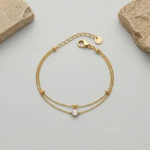 Minimalist Double Layer Stainless Steel Bead Bracelet With Rhinestone For Women Gold Plated Adjustable Chain Bracelet Fashion Jewelry Commuter Gift