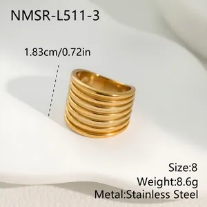 Detailed view of a multi-layer wide gold stainless steel ribbed ring with size and weight info