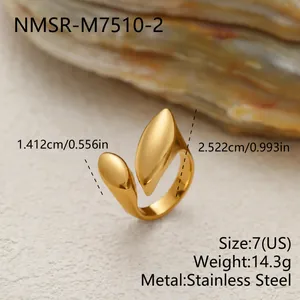 Détail de la bague feuille en acier inoxydable doré avec dimensions et spécifications