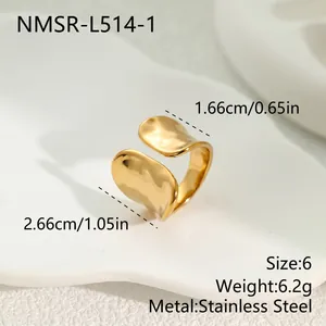 Detailed view of a gold-plated stainless steel irregular wave ring with size specifications