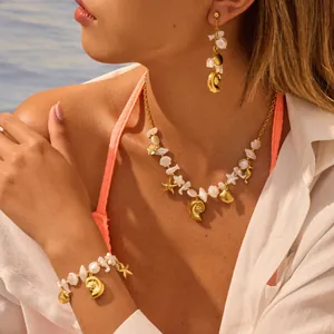 Detailed close-up of a stainless steel ocean-themed jewelry set with shell charms.