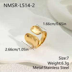 Macro detail view of a gold stainless steel textured open ring with size measurements