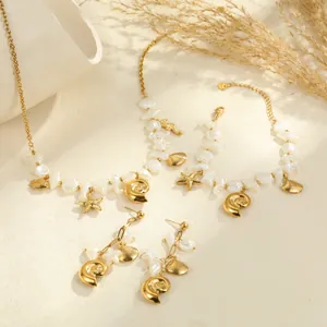 Marine theme stainless steel jewelry set featuring shell and starfish charms in gold tone.