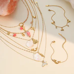 Collier Bracelet Style Océan en Acier Inoxydable Plaqué Or pour Femme Sirène Coquillage Poisson Étoile de Mer Perle Artificielle Strass Bijoux