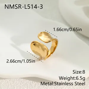 Detailed view of irregular texture gold stainless steel open ring with measurements