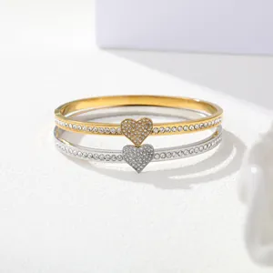 Luxury Stainless Steel Heart Rhinestone Bangle Bracelet For Women 18K Gold Silver Plated Elegant Fashion Jewelry Gift