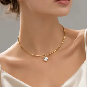 Modern Minimalist Stainless Steel Gold Plated Zirconia Choker Necklace Geometric Round Waterdrop Pendant Clavicle Chain For Women Jewelry
