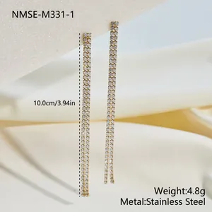 Long stainless steel tassel earrings with sparkly rhinestones, 10cm length detail