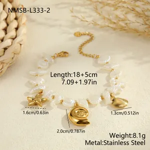 Gold stainless steel ocean bracelet with conch shell and starfish charms 18+5cm
