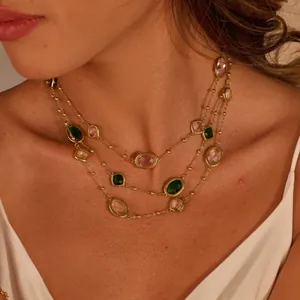 Edelstahl Strass Anhänger Halskette Für Damen Leichter Luxus Geometrischer Smaragd Rosa Kristall Optik Schlüsselbein Kette Schmuck