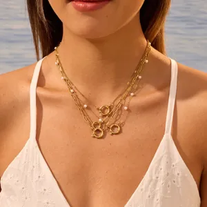Collana di Perle Artificiali in Acciaio Inossidabile di Lusso Leggero da Donna Placcata in Oro Stile Ins Catena a Graffetta Chiusura a Molla Tonda