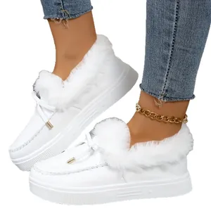 Weiße Damen Plateau-Loafer mit Kunstfellfutter gemütliche warme Winter-Baumwollschuhe
