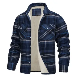 High-quality detail shot of men's blue flannel plaid jacket with warm white sherpa lining.