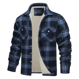 Detailed view of men's warm plaid jacket with thick fleece lining for cold weather