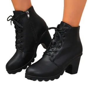 Elegant black chunky high heel lace-up ankle boots for women featuring side zipper.