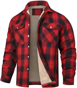 Detailed view of red plaid jacket featuring warm tan sherpa fleece inner lining.