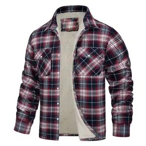 Detail of men's casual long-sleeved plaid jacket featuring warm fleece interior lining