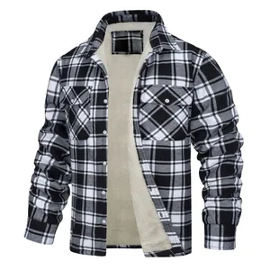 Front view of a men's black and white plaid jacket featuring a warm cream fleece lining