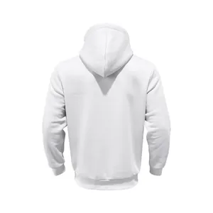 Vista trasera de una sudadera con capucha de forro polar blanco pesado con puños de canalé.