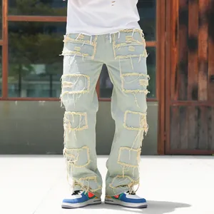 Herren Straight Leg Denim Jeans Vintage Blau Ausgefranste Aufnäher Destructed Hole Hip Hop High Street Weites Bein Baumwolle Casual Bottoms