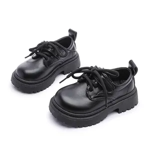 Classic boys black leather school shoes with thick soles for students and performances