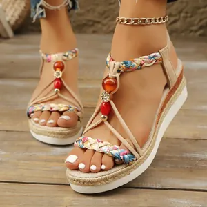 Stylish Bohemian ethnic style platform wedge sandals featuring braided straps and colorful beads
