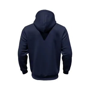 Vista posterior de una sudadera unisex pesada azul marino con capucha de estilo americano.