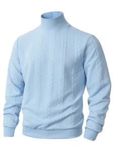 Macro detail of the light blue cable-knit pattern on this men's turtleneck sweater