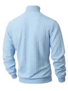 Detailed back view of light blue men's cable knit turtleneck sweater with ribbed cuffs