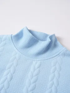 Detail showing the rib-knit turtleneck and textured jacquard pattern of this blue sweater