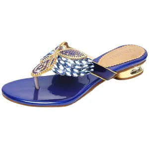 Royal blue bohemian rhinestone flip-flop sandals with a metallic gold low heel
