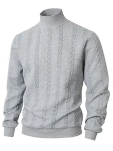 Close-up detail of a premium grey cable-knit turtleneck sweater showing knit patterns