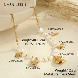 Detailed view of gold stainless steel ocean theme necklace with dimensions and specs