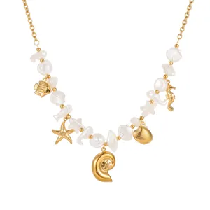 Detailed view of a stainless steel ocean-themed necklace with gold sea shell charms.