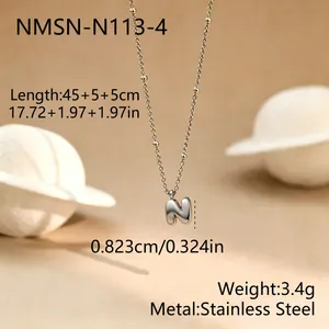 Silver stainless steel bubble letter N pendant necklace with dimensions and weight specs
