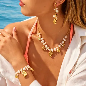 Ocean Theme Stainless Steel Shell Starfish Seahorse Artificial Pearl Necklace Bracelet Earrings Jewelry For Women Vacation