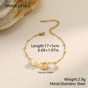 Detail view of stainless steel shell pearl bracelet with measurements and weight