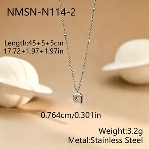 Detail view of stainless steel bead chain necklace with silver bubble letter a pendant
