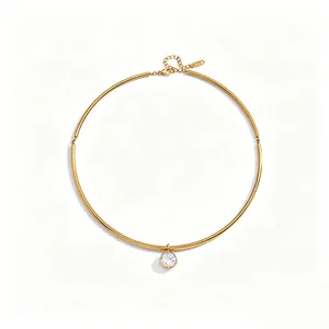Gold plated stainless steel choker necklace with a clear round crystal pendant detail