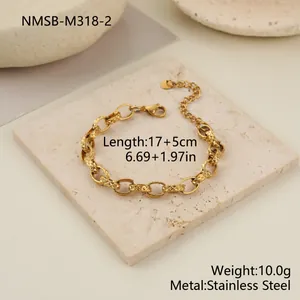 Detailed view of a gold-colored stainless steel textured chain bracelet with measurements